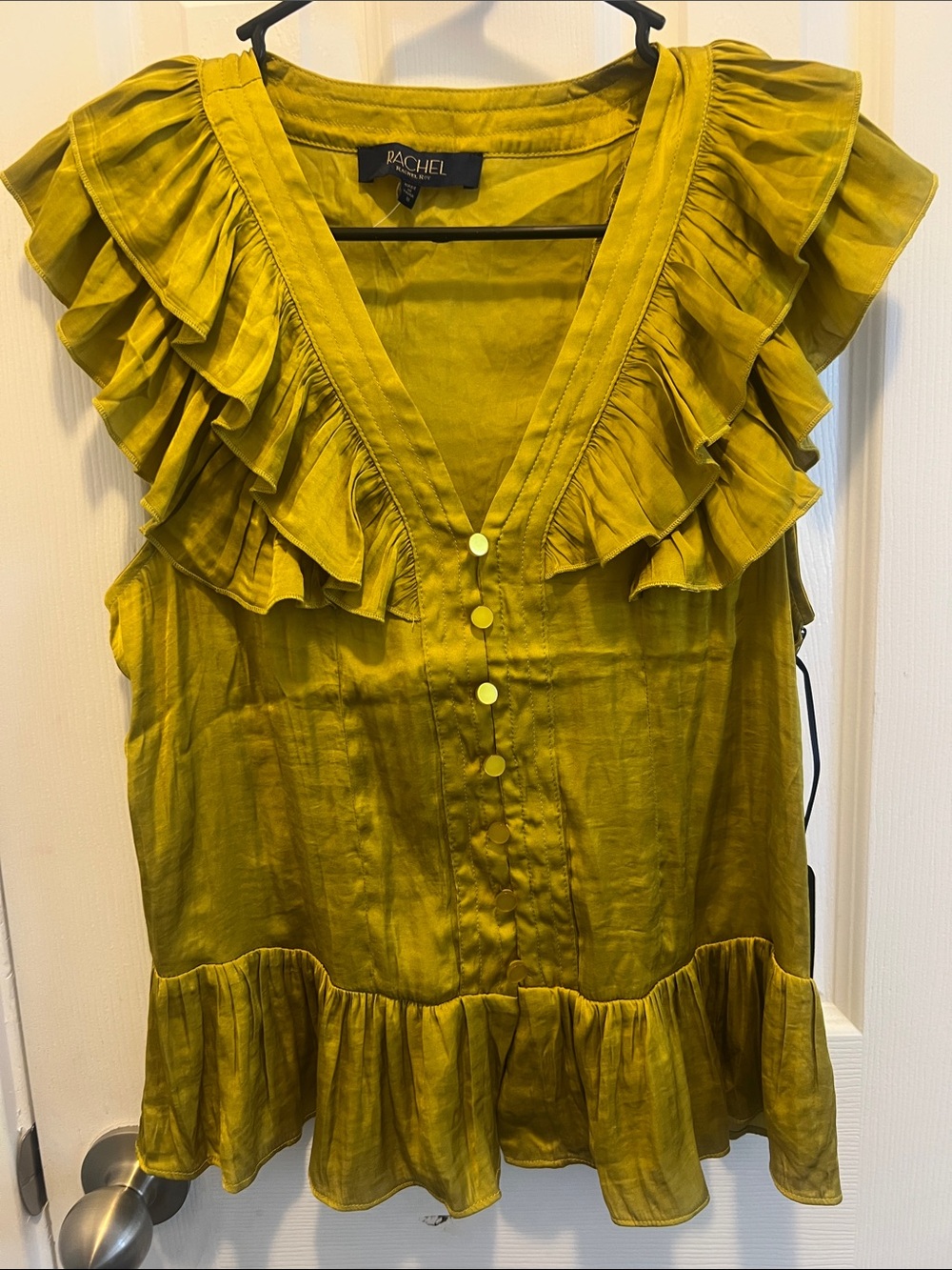 RACHEL Rachel Roy Mustard Ruffle V-Neck Sleeveless Blouse